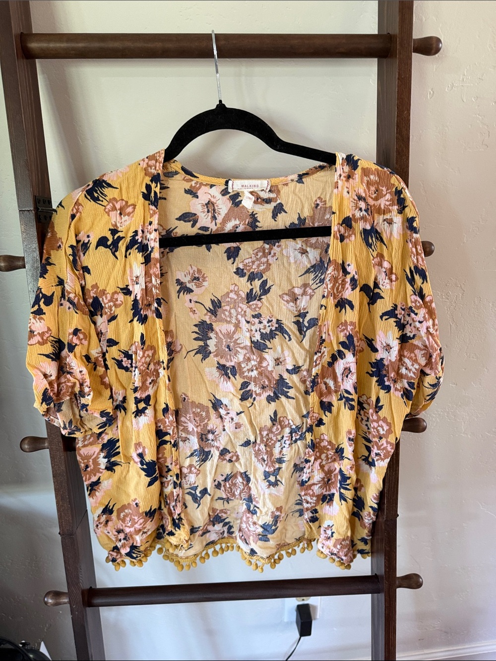 Floral Open Front Cardigan - Yellow Pink Navy